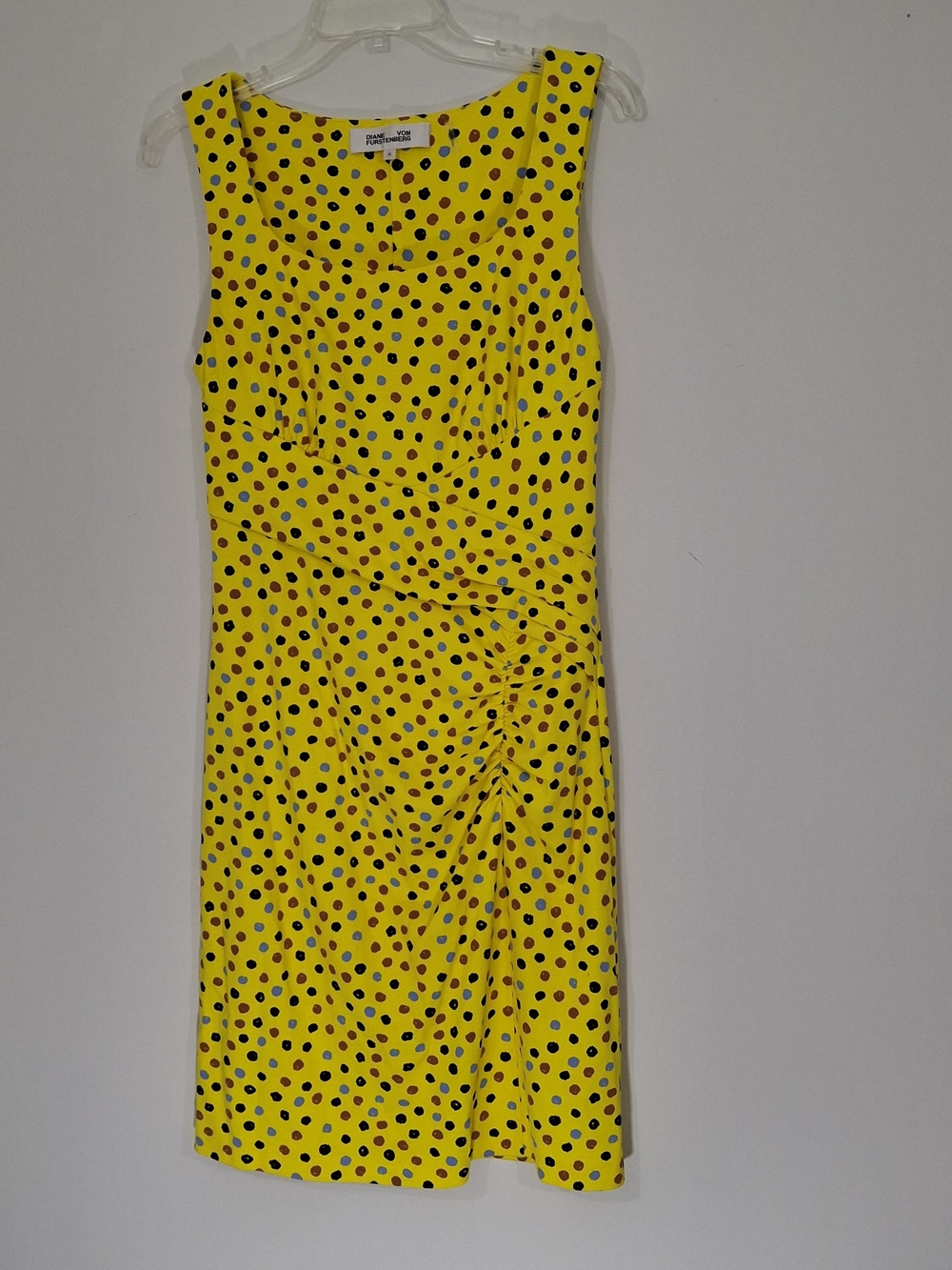 Diane Von Furstenberg Yellow Polka Dot Sleeveless Dress w/ Black and Blue Dots
